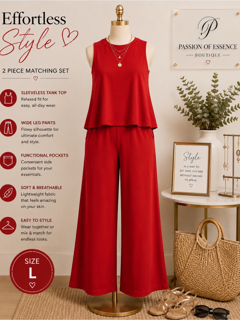Red Sleeveless Wide Leg Pants 2 Piece Matching Set L - Picture 3 of 5
